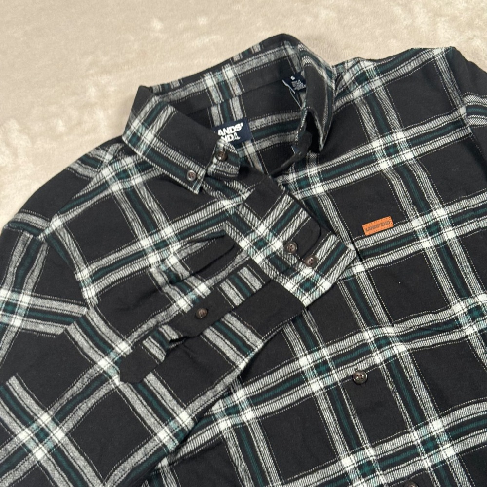 Lands End Flannel Shirt Mens Small Black Plaid Cotton Button Down LEM35LW334